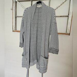 LOFT Navy and White Striped Cardigan Women's Large